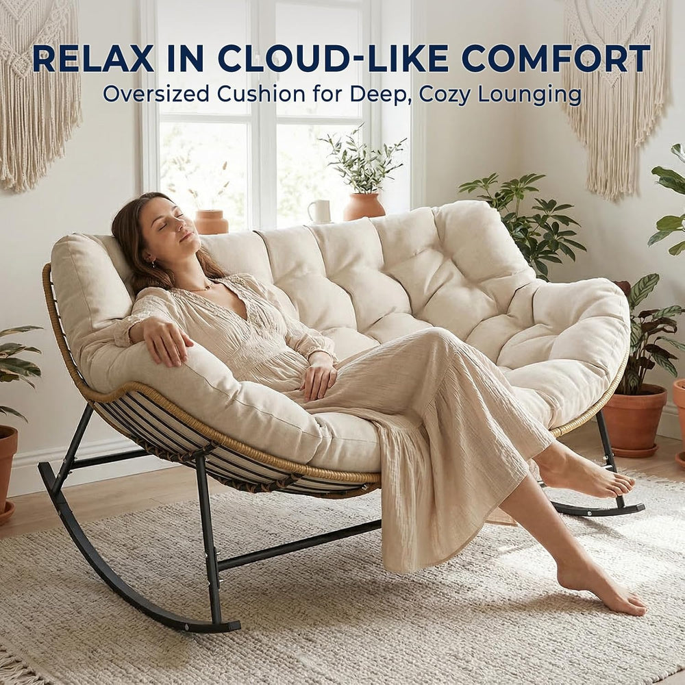 SWITTE Double Outdoor Papasan Rocking Chair with Thick Cushion, Khaki