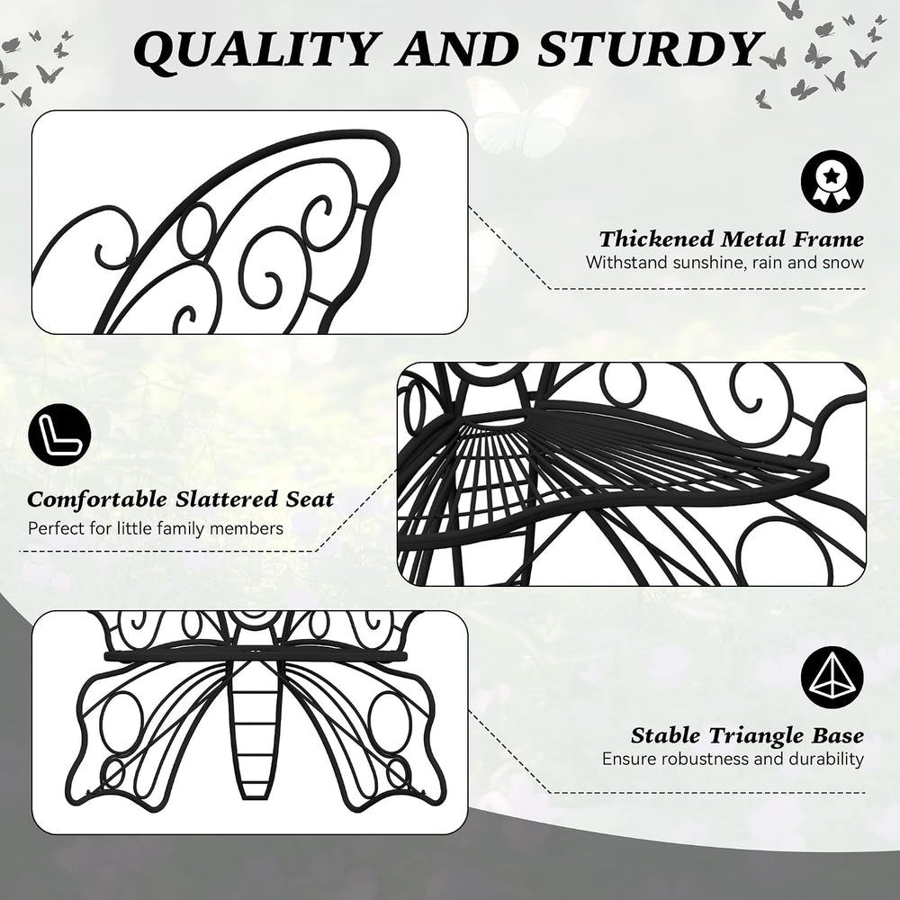 36 Inch Small Butterfly Bench, Cute Metal Outdoor Benches, Black
