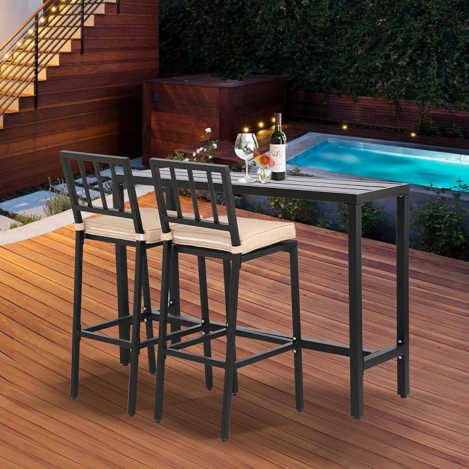 Outdoor Bar Table, Patio Console Pub Height Tables with Powder Coated Steel F...