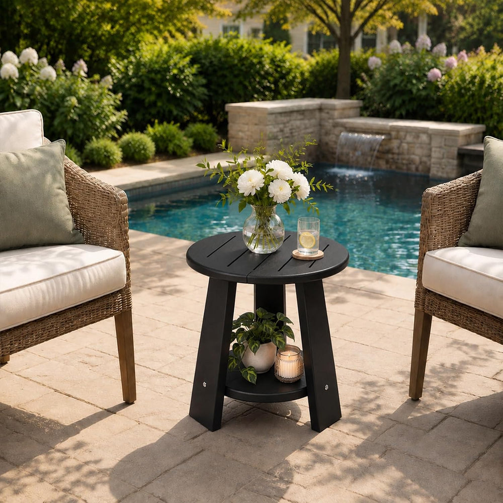 Round Outdoor Side Table, 2-Tier Small HDPE Side Table, Black