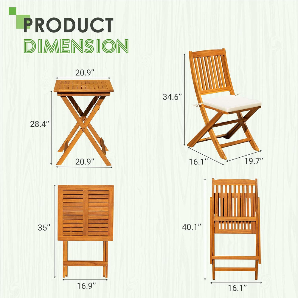 Greesum 3 Piece Patio Folding Furniture Bistro Set with 2 Cushions for Pool B...