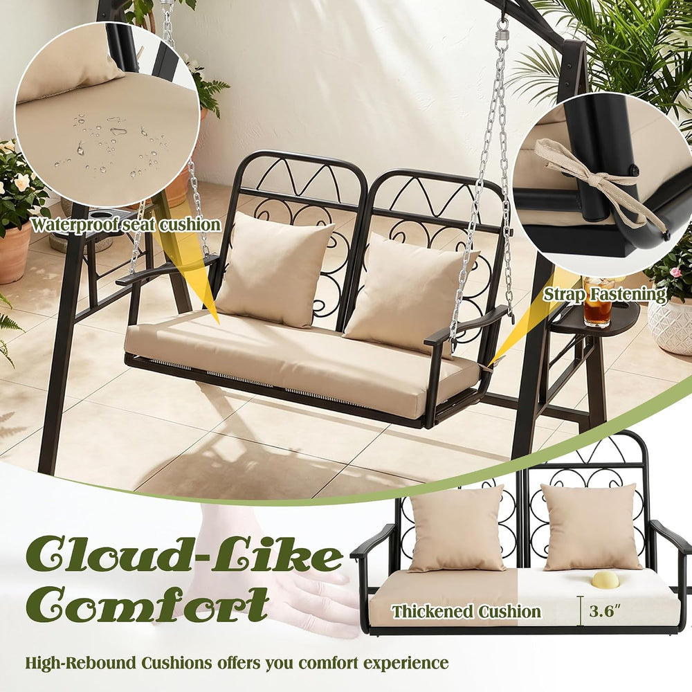 Porch Swing with Stand, 2-Person Metal Patio Swing with Cup Holder