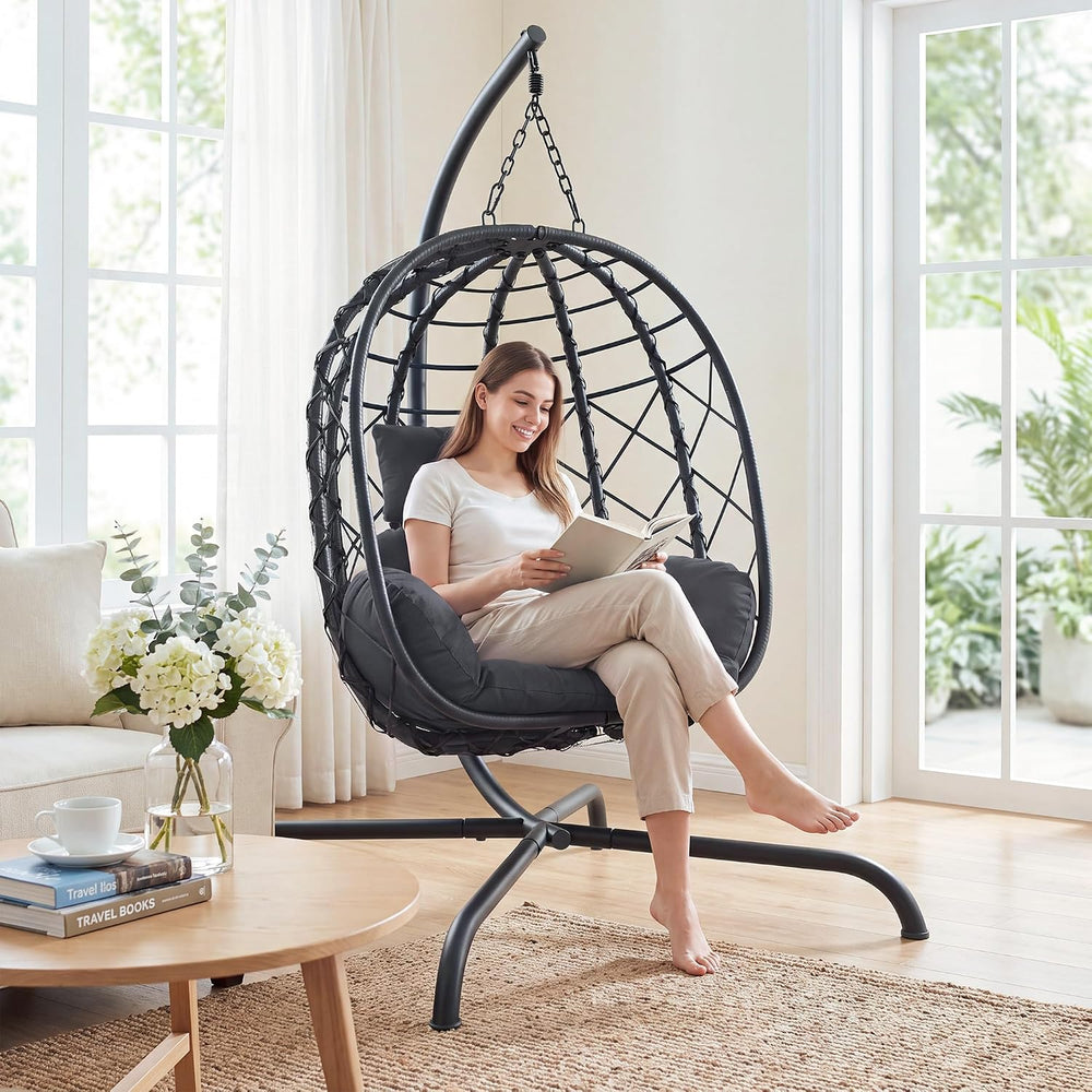 Hanging Egg Chair with Stand Patio Wicker Rattan Swing Chair Hammock Egg Chai...