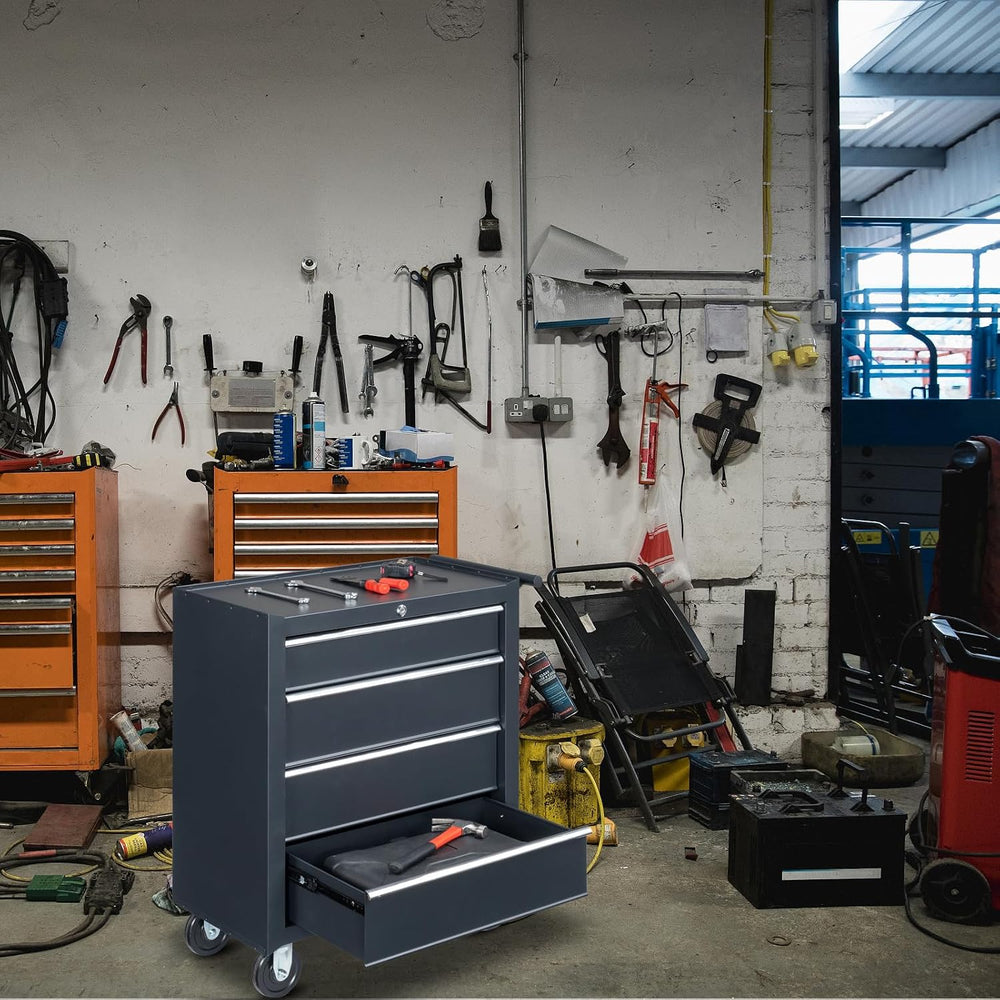 4 Drawer Rolling Tool Cabinet, Lockable Steel Tool Chest, Black