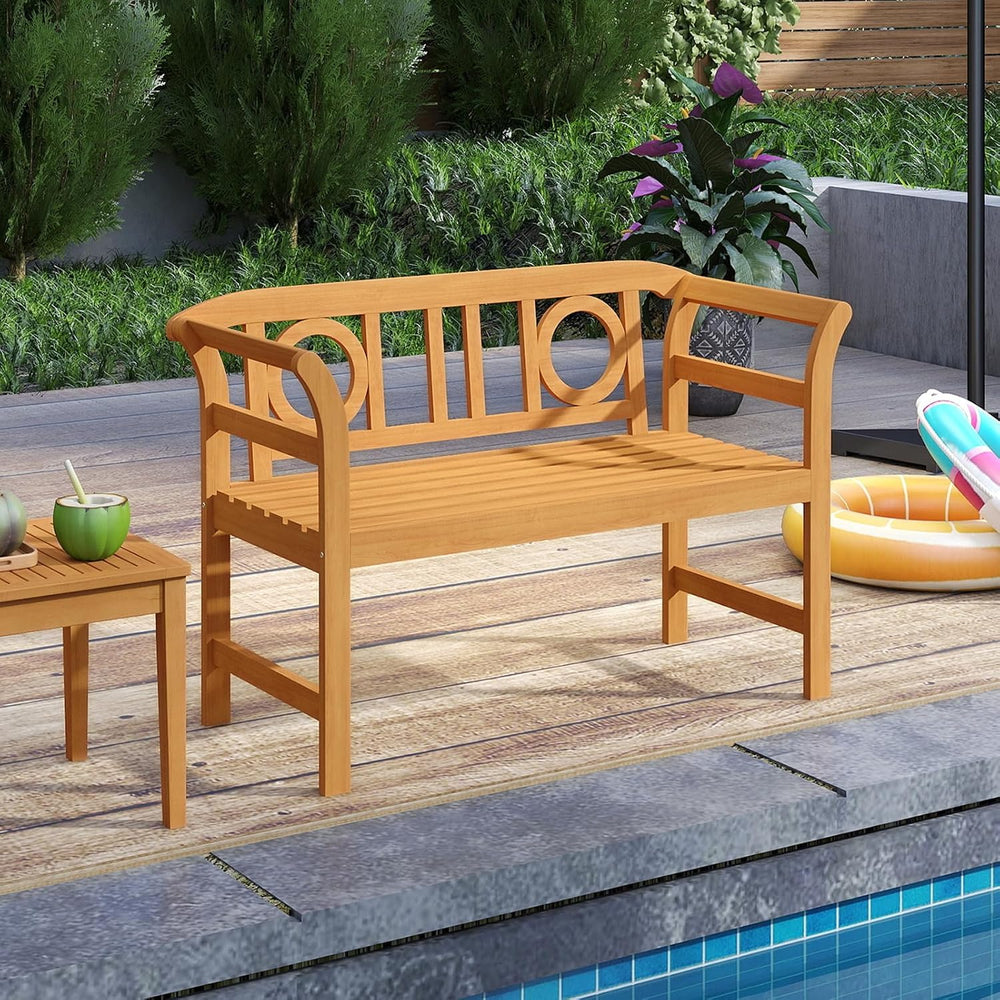 Tangkula Acacia Wood Outdoor Bench, 2-Person Garden Bench, Circle Backrest