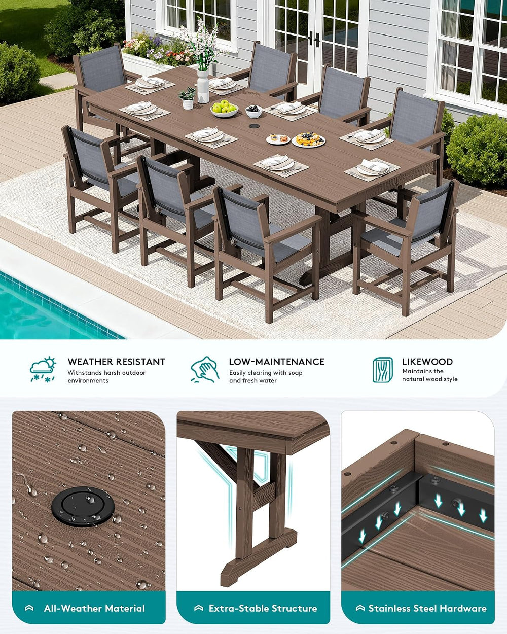 SERWALL 9Pcs HDPE Outdoor Dining Set for 8 with Sling Chairs, Brown