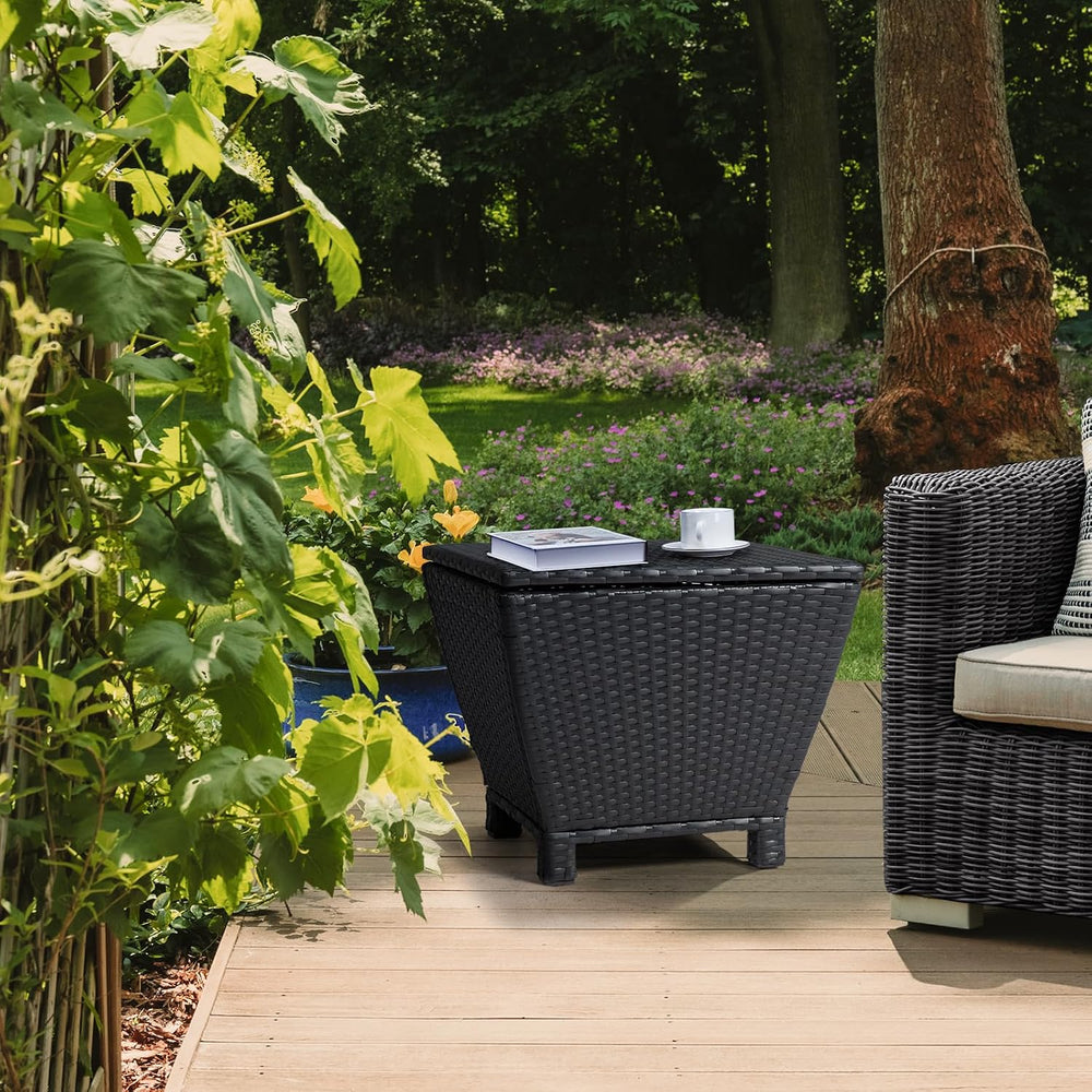 Outvita Black Rattan Outdoor Storage Side Table, 13 Gallon Box with Lid