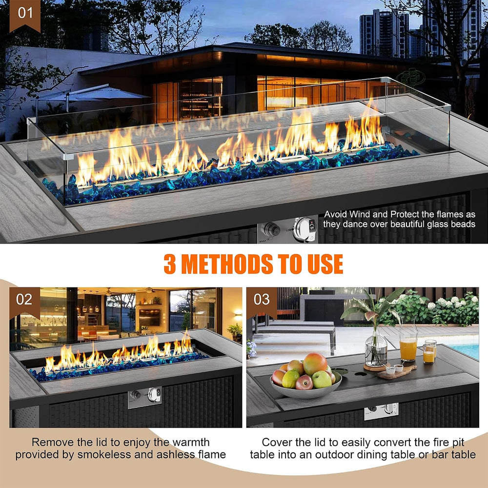 45 inch Outdoor Propane Fire Pit 50,000 BTU Gas Fire Pit Table with Lid, Glas...