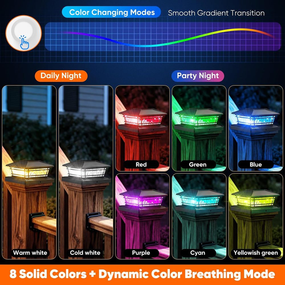 Solar Post Cap Lights Outdoor 8 RGB Solid Colors & Color Changing