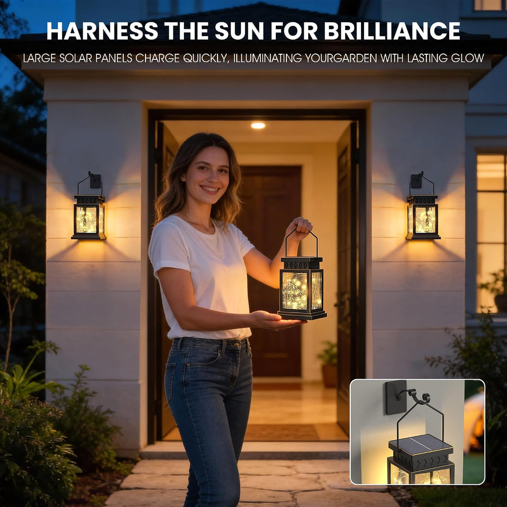 2 Pack Farmhouse Solar Lanterns , Water Ripple Glass & Copper Wire Flicke...