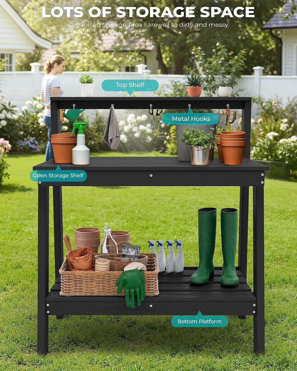SERWALL 3-Tier Outdoor Potting Bench with Storage,Gardening Table,Black