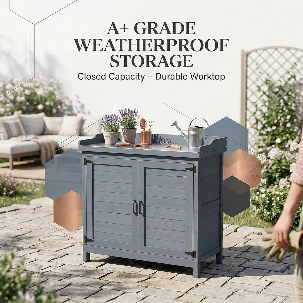 GDLF Outdoor Storage Cabinet with Work Bench, Garden Potting Table, Gray