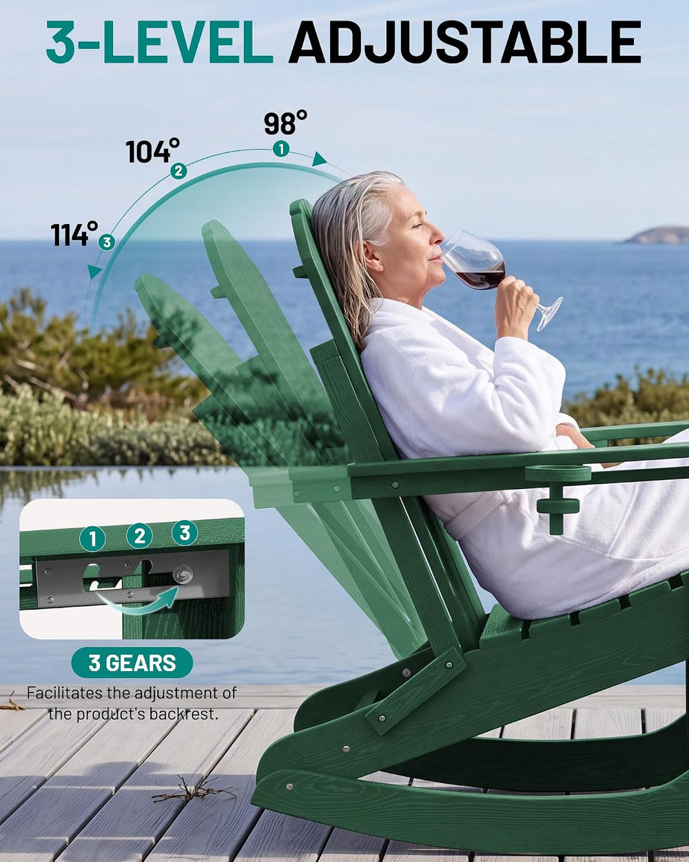 PLUUV Folding Adirondack Rocking Chair with Retractable Ottoman, Green