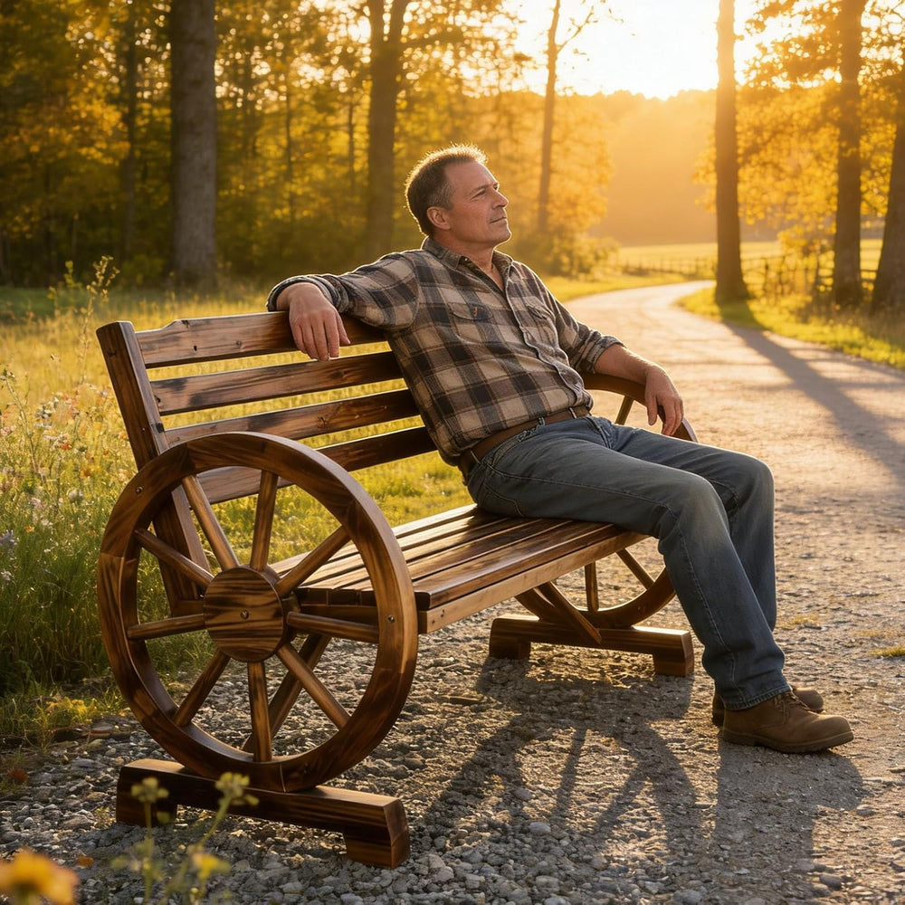 VINGLI Rustic Wooden Wheel Bench Outdoor Bench, Patio Bench Wagon Slatted Sea...