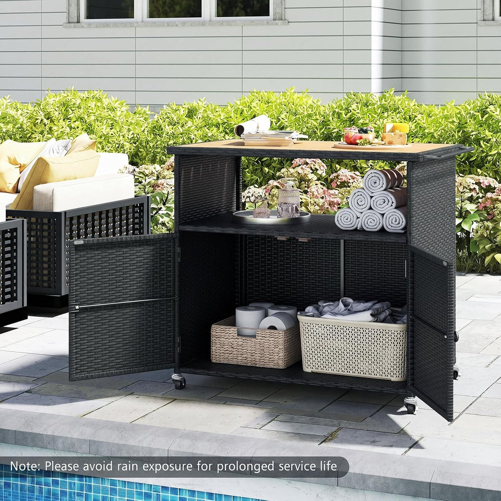 HAPPYGRILL Outdoor Storage Cabinet with Wheels, PE Rattan Deck Box (Black)