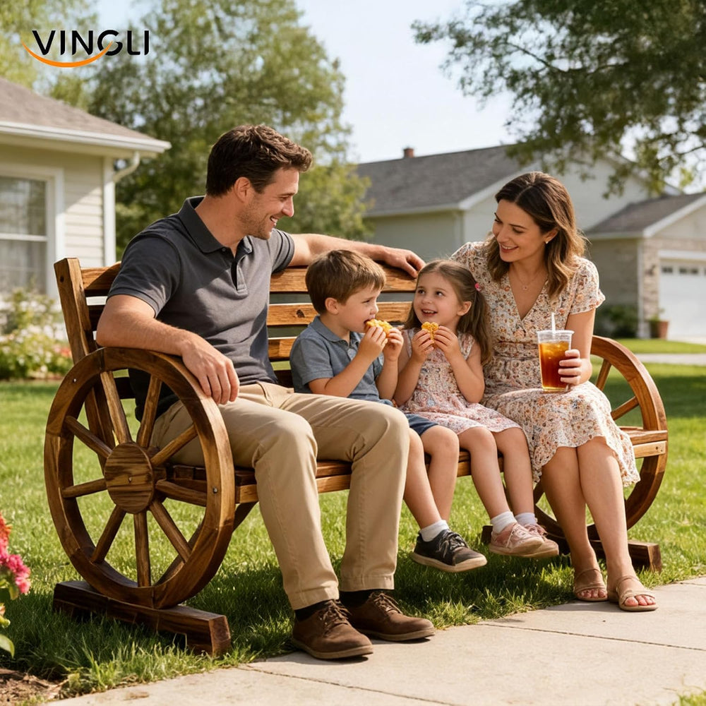 VINGLI Rustic Wooden Wheel Bench Outdoor Bench, Patio Bench Wagon Slatted Sea...