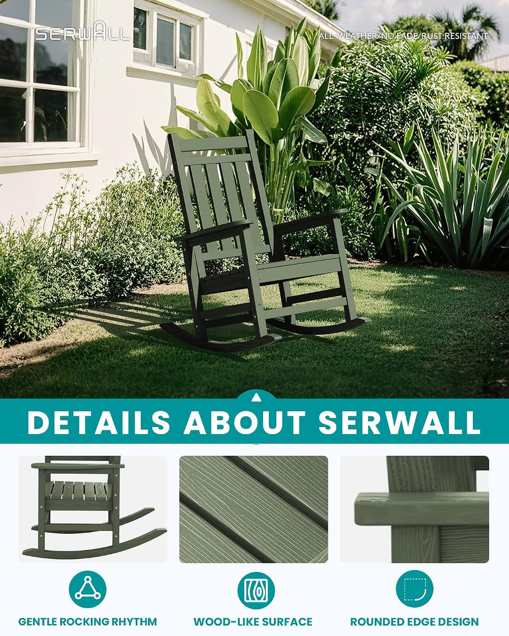 SERWALL Oversized Outdoor Rocking Chair Set of 2, HDPE Rocker for Adults, Pat...