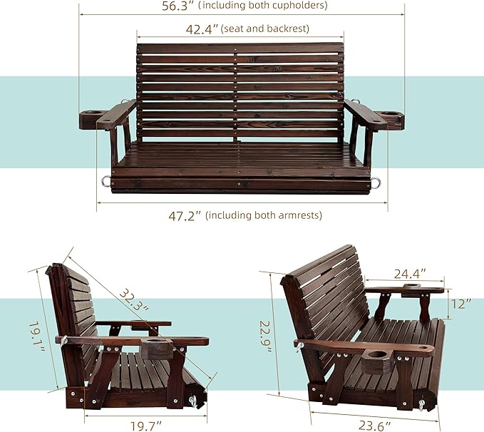 Wooden Porch Swing 2-Seater, High Backrest and Deep Seat, Bench Swing with Cu...