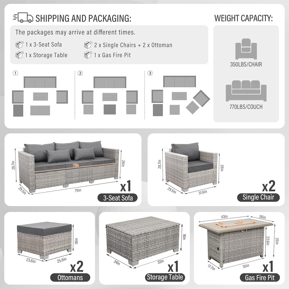 WAROOM 7 Piece Patio Furniture Set Wicker Sectional Sofa, Grey Cushion
