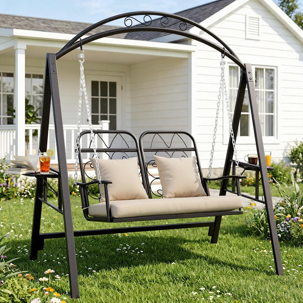 Porch Swing with Stand, 2-Person Metal Patio Swing with Cup Holder