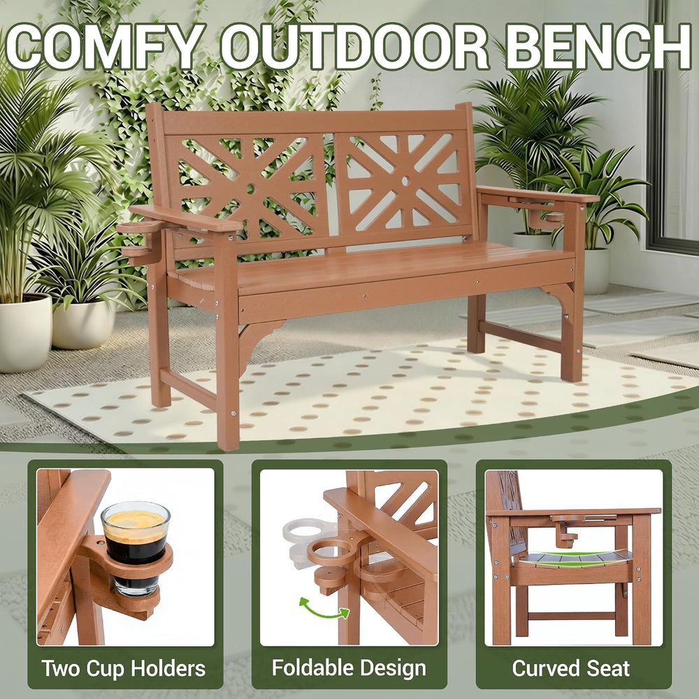 Outdoor Bench with Cup Holders, HDPE All Weather Waterproof 2-Person Garden B...