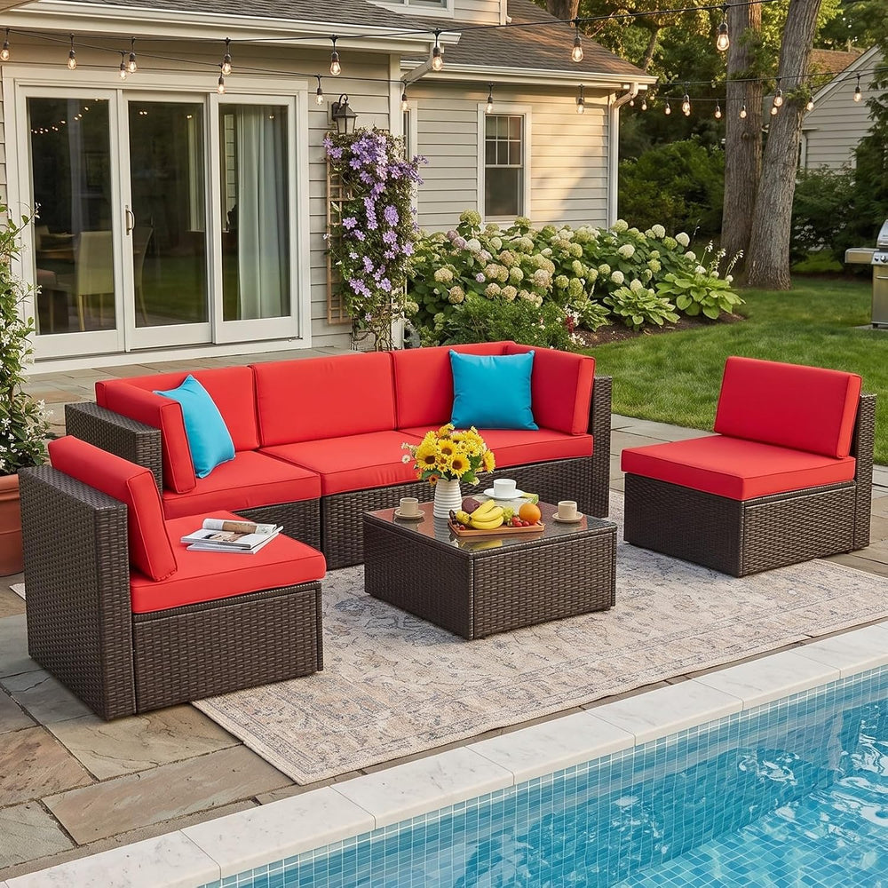 Vongrasig 6 Piece Small Patio Furniture Sets, Outdoor Sectional Sofa, Red