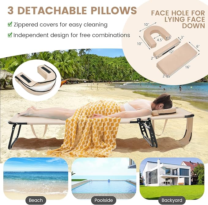 GYMAX Tanning Chair, 350lbs Beach Lounge Chair with Face Hole, Detachable Was...