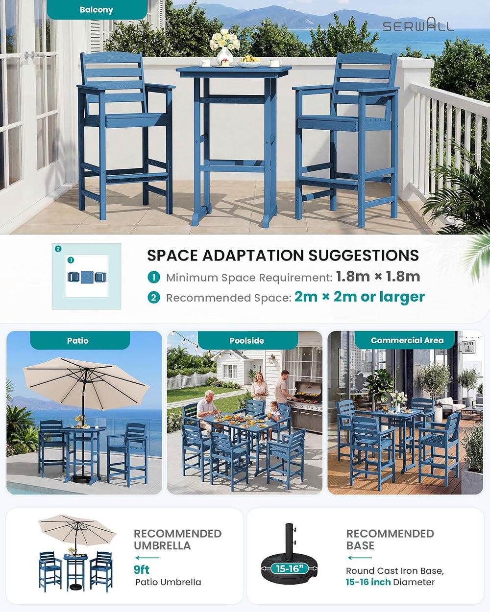 SERWALL 5 Pcs HDPE Bar Height Adirondack Chairs and Bar Table Set, Blue
