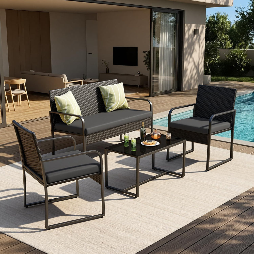 Gizoon Black Wicker Conversation Set with Glass Coffee Table