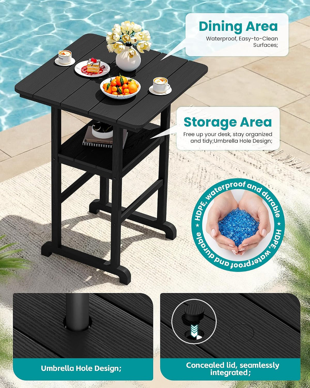 SERWALL 3 Pcs HDPE Bar Height Chairs and Double Layer Pub Table Set, Black