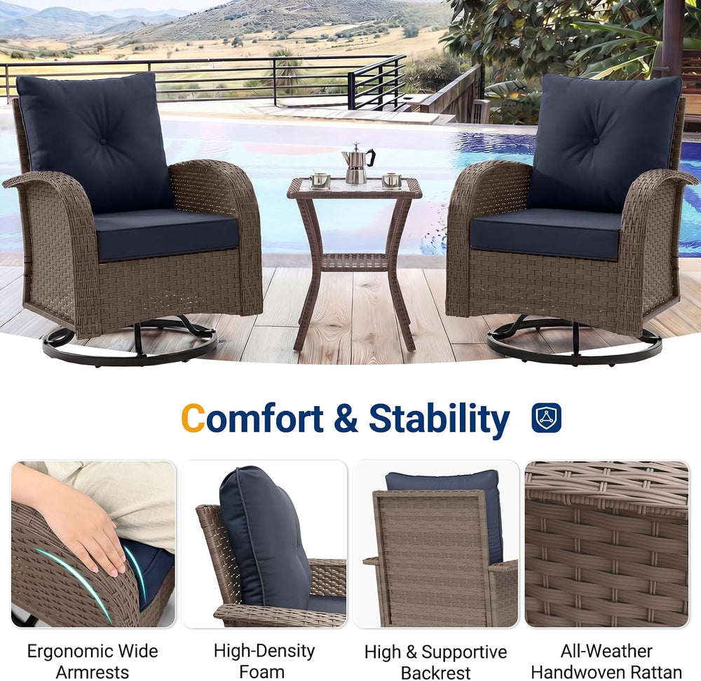 UDPATIO Outdoor Furniture 3 Piece Patio Swivel Chair, Olefin Fade Resistant