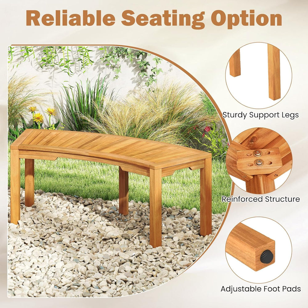 HAPPYGRILL Outdoor Curved Bench, Acacia Wood Backless Fire Pit Bench with Sla...