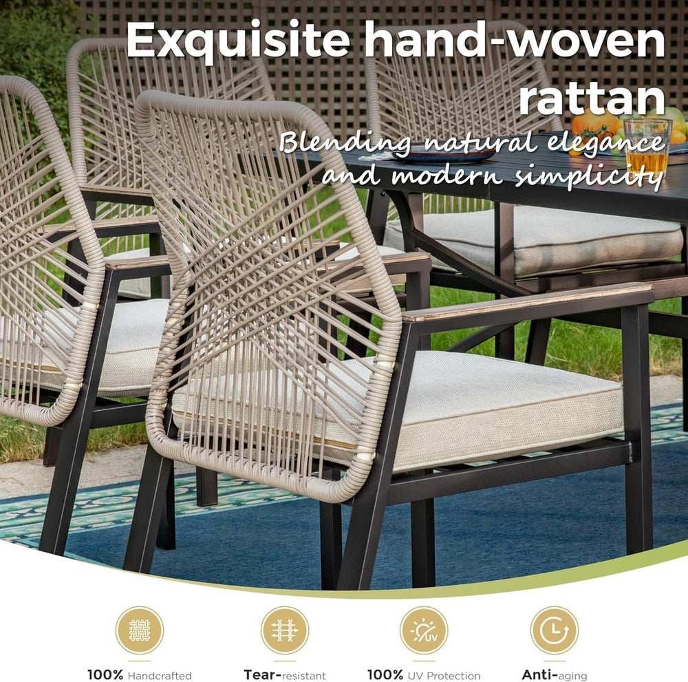 9pc Patio Dining Set, 57.5" Square Metal Table, 8 Rattan Chairs