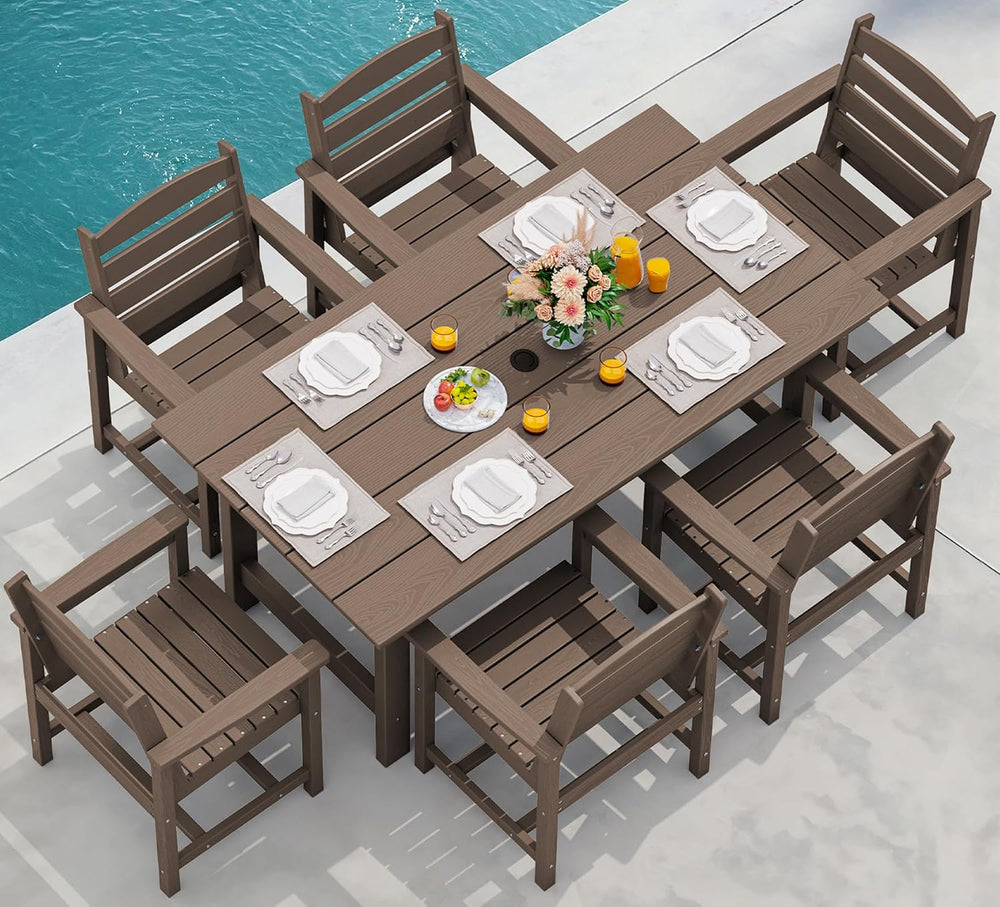 SERWALL 7 Pcs Outdoor Dining Set, 67" HDPE Dining Set for 6, Coffee