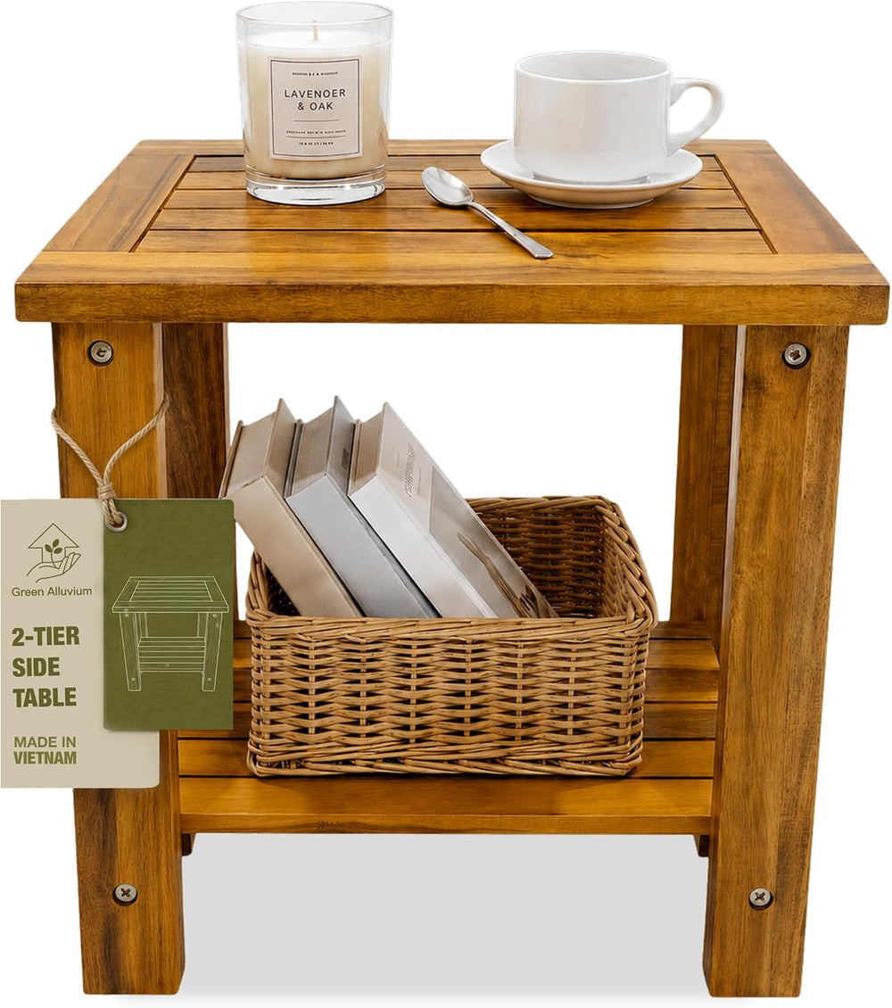 Outdoor Patio Side & End Table, Nightstand, Acacia Wood, 16.5 in, 2-Tier