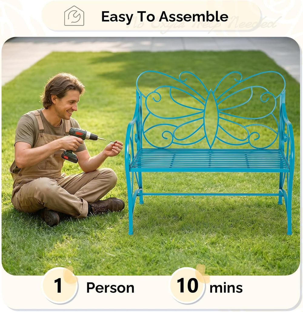 VINGLI 38.7in Cast Iron Outdoor Bench with Cushion, All Weather Resistant Met...