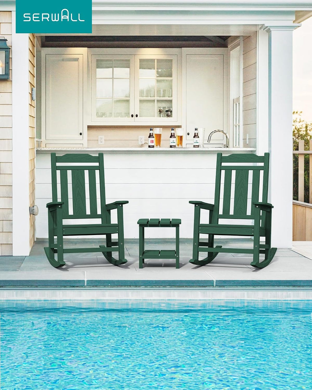 SERWALL HDPE Oversized Outdoor Rocking Chairs Set of 4, Patio Rocker, Green