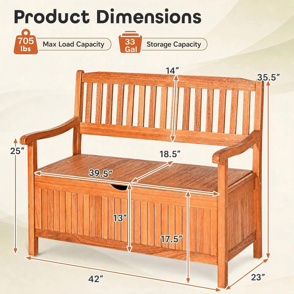 LDAILY 33 Gal Eucalyptus Outdoor Storage Bench, 705 lbs Capacity Deck Box