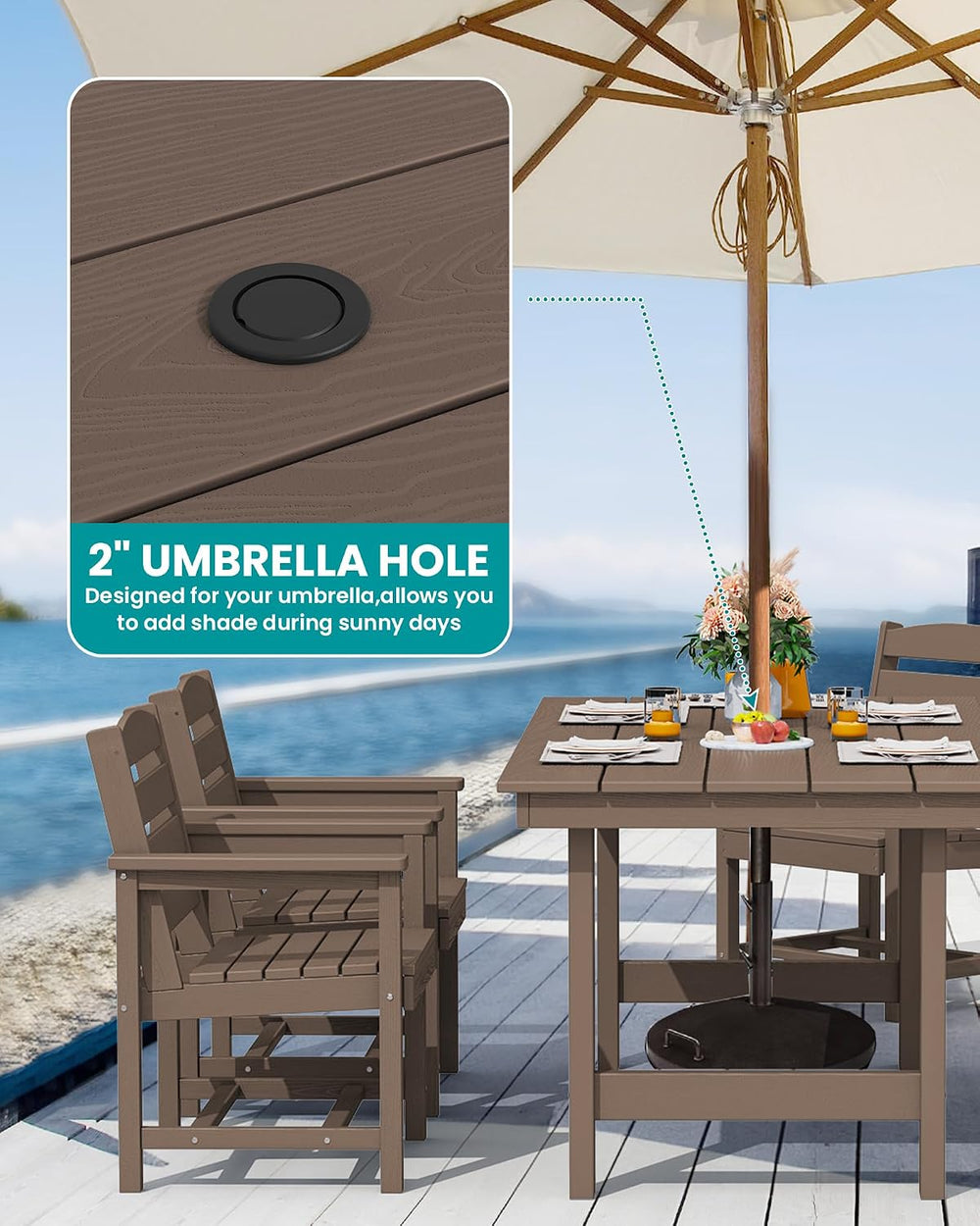 SERWALL 7 Pcs Outdoor Dining Set, 67" HDPE Dining Set for 6, Coffee