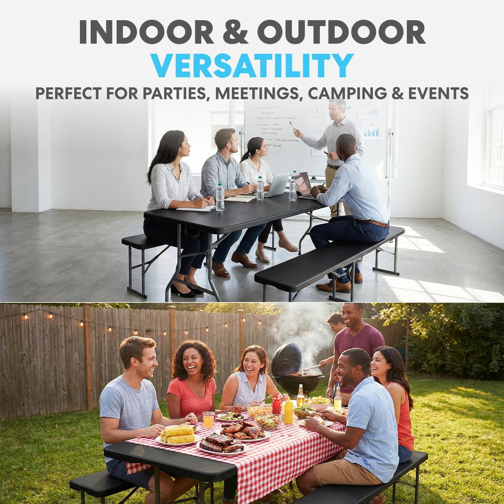 Simpli-Magic 6 Foot Folding Picnic Table Set with 2 Benches Portable Indoor O...