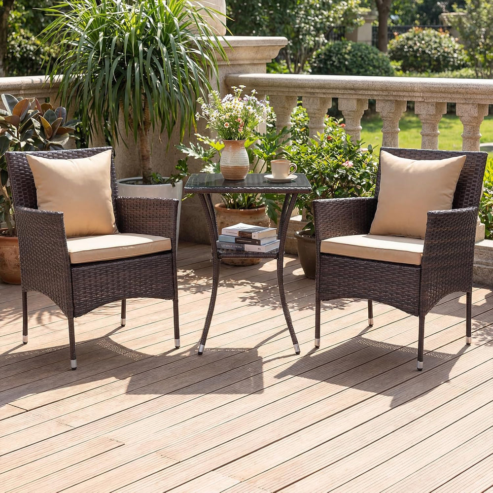 HAPPYGRILL 3 Pieces Rattan Conversation Set Outdoor Bistro Set with Cushion, ...