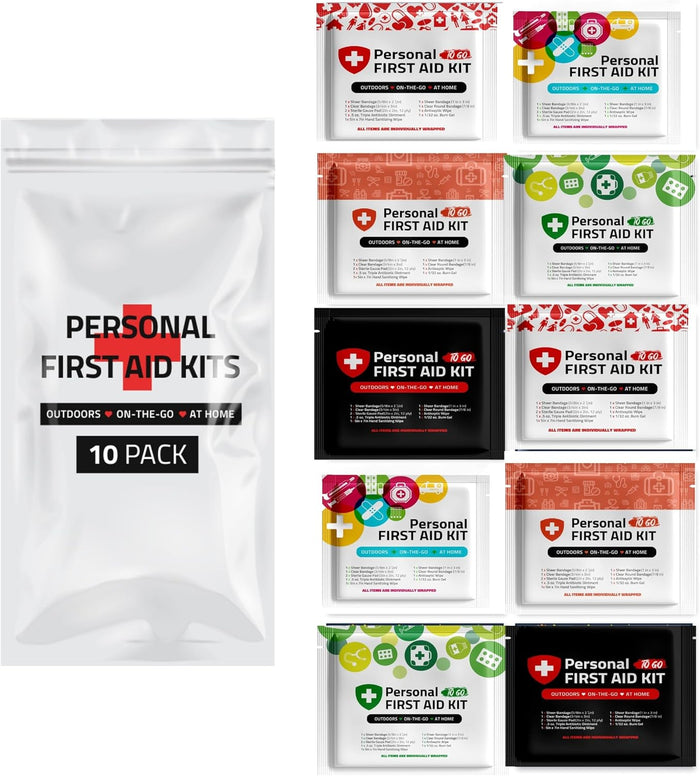 Portable Travel Size First Aid Kit - Assorted Pack | Perfect for Home, Office, Car, School, Business, Travel, Hiking, Hunting, and Outdoors | Individually Wrapped First Aid Products (10)