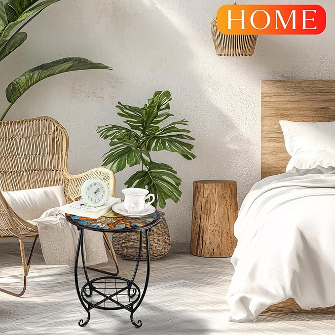 Outdoor Side Table Round Small Mosaic Patio Accent Indoor End Plant Coffee Te...