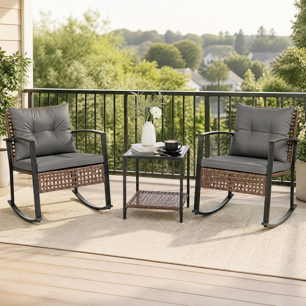 Tangkula 3-Piece Outdoor Rocking Chair Set w/ 2-Tier Glass-Top Side Table