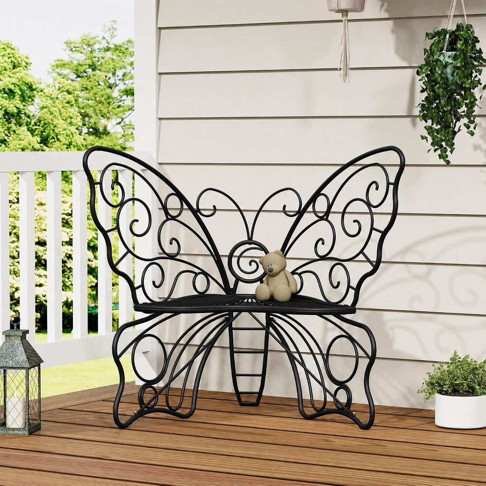 36 Inch Small Butterfly Bench, Cute Metal Outdoor Benches, Black