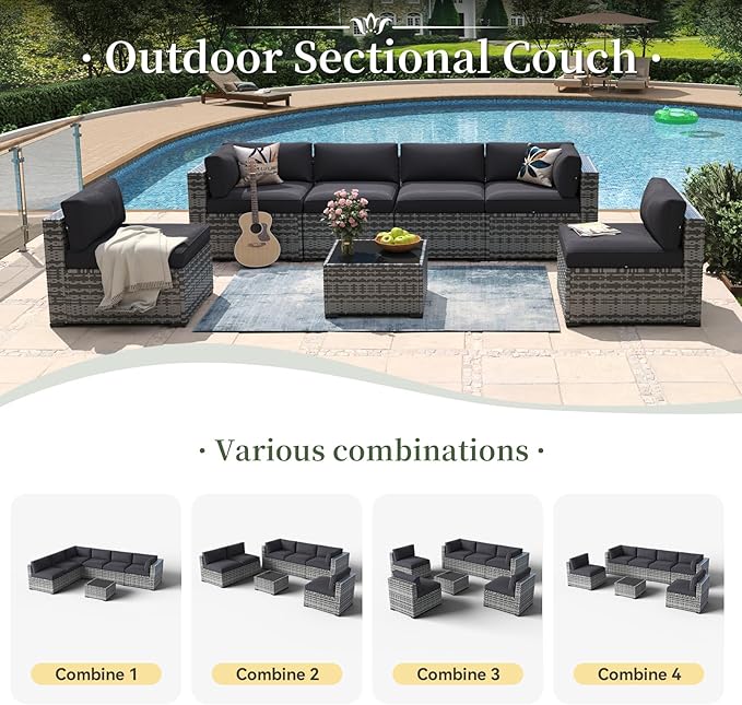 Aoxun 7 Piece Patio Furniture Set Wicker Rattan Patio Conversation Set Outdoo...