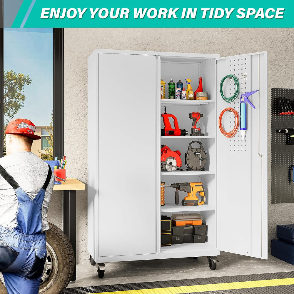 SISESOL White Wide & Deep Metal Storage Cabinet with Wheels,Tall Rolling ...