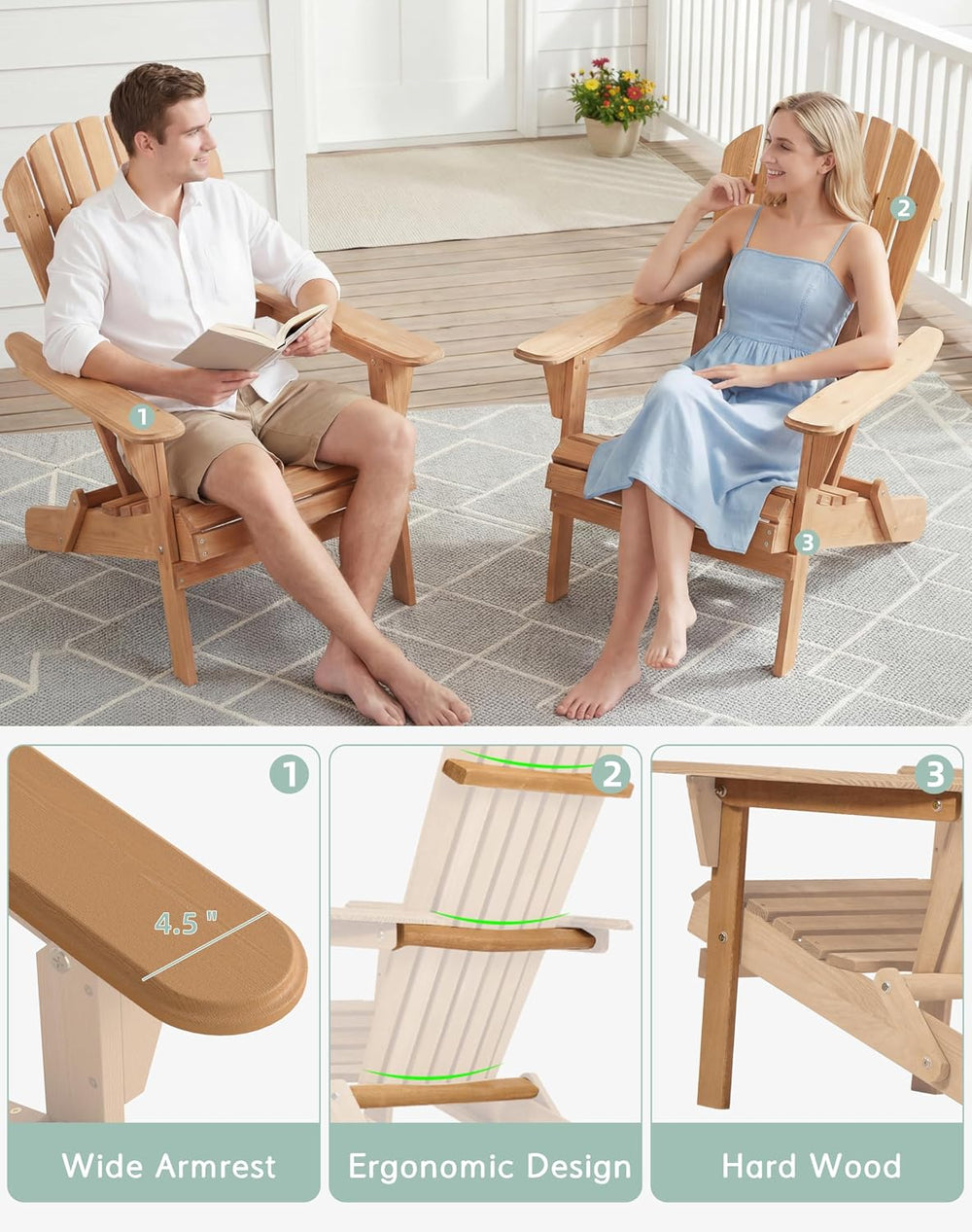 Wooden Folding Adirondack Chair Set of 4, Pre-Assembled BackRest Wood Lounge ...