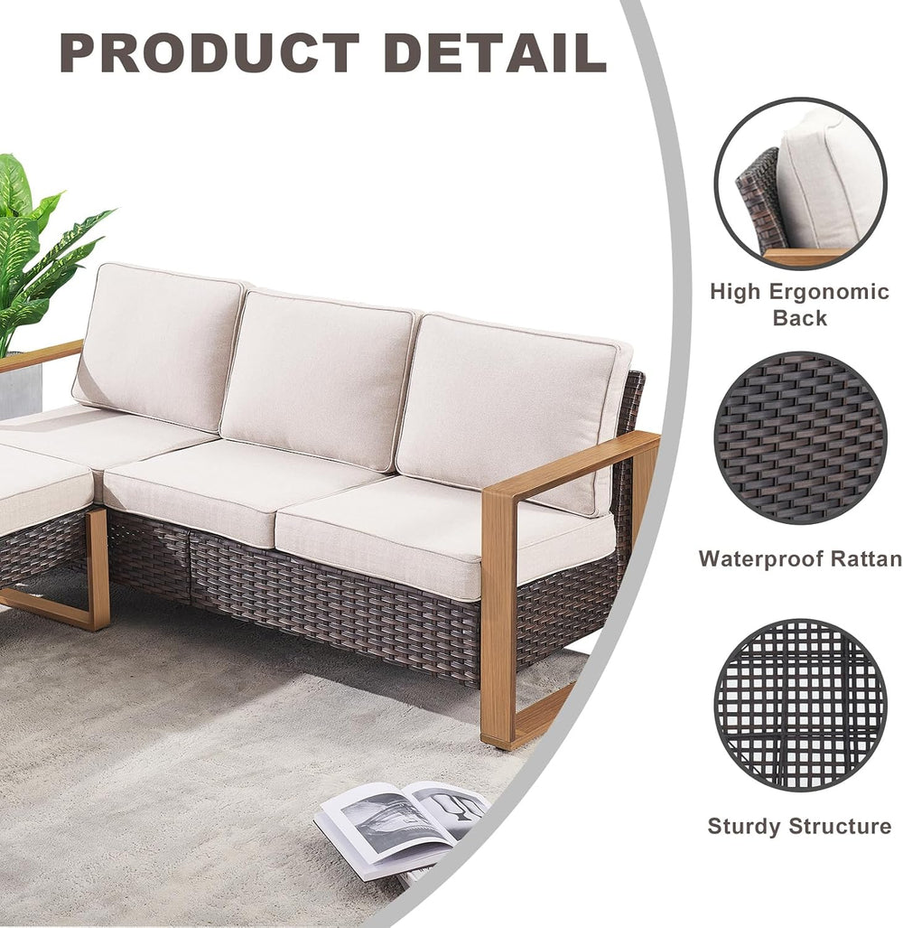 Brown Outdoor Wicker Patio Furniture Set of 7 with Ottomans, Rattan Couch