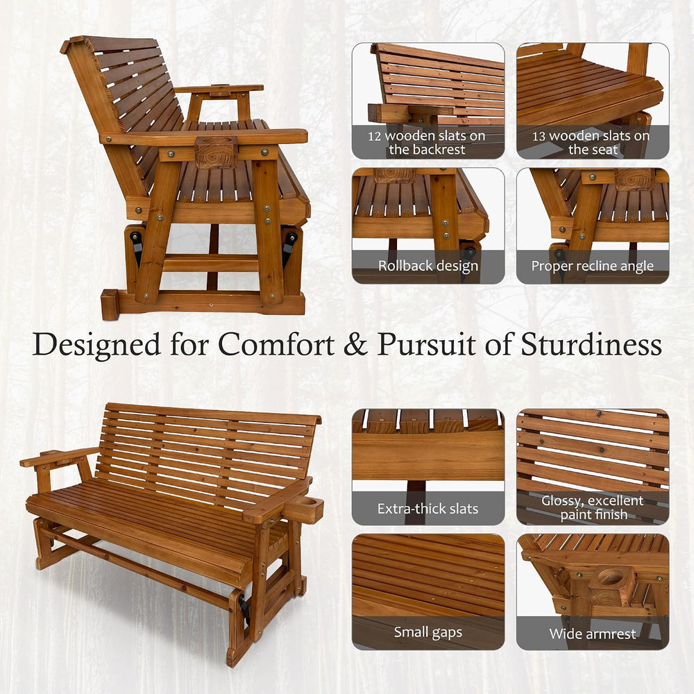 Fortune Candy Wooden Glider with Cup Holders, Brown, 3-Seater